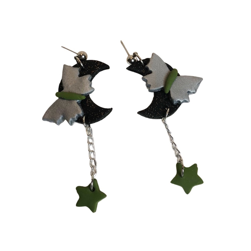 Butterfly and moon chain dangle earrings clay